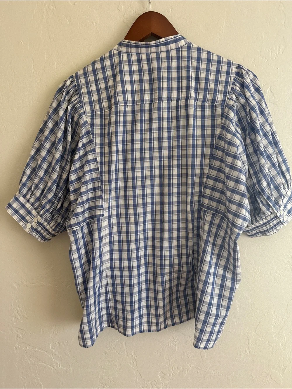 Madewell Blue and White Plaid Puff Sleeve Button-Front Top